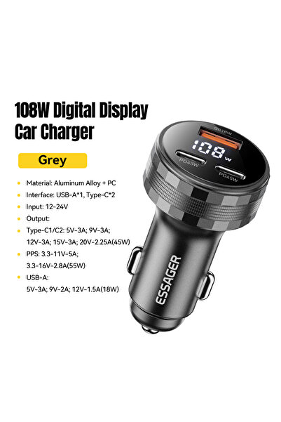 essager شاحن سيارة رمادي 108 وات 3 منافذ USB شاشة رقمية PD3.0 شحن سريع Quick ...