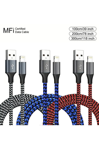 Choice 3 متر 3 قطع رمادي أزرق أحمر 3 قطع قطعة واحدة كابل USB إلى Lightning مع...