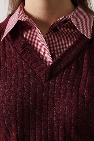 VAGGON Women's Plum Shirt Detailed Gathered Blouse and Elastic Waist Trousers Knitwear Set Vs01701