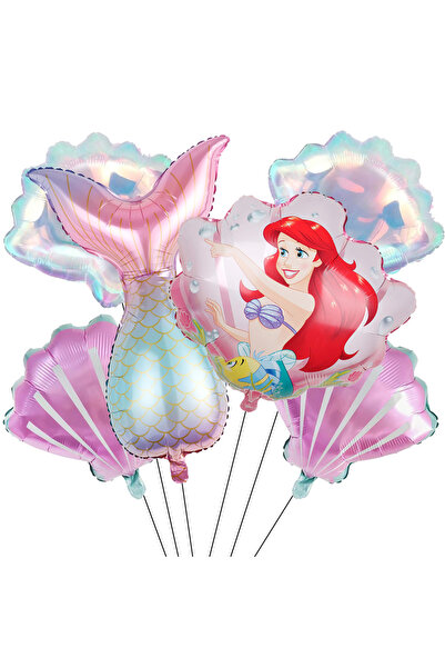 Miniso مجموعة صدفة حورية البحر الأخرى، 6 قطع من بالونات آريل برينسيس المصنوعة من رقائق معدنية، بالون صدفي وردي قزحي الألوان