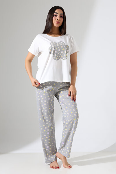 DİVİSTA Women's Printed Pajamas Set – Top and Bottom Set – Comfortable Home Wear – Soft Cotton Fabric