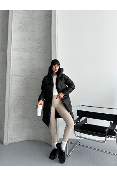 Fashionbox Women's Gel Padding Hooded Zipper Long Puffer Coat 25333