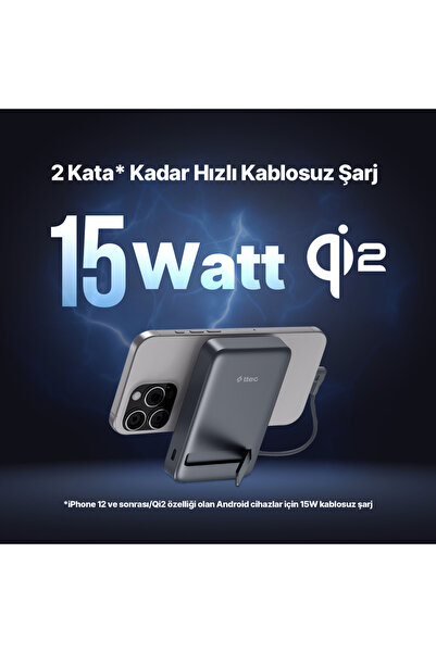 Ttec ReCharger ProM LCD 10.000mAh Qi2/MagSafe Özellikli Dahili Kablolu, Stantlı, Kablosuz Hızlı Powerbank