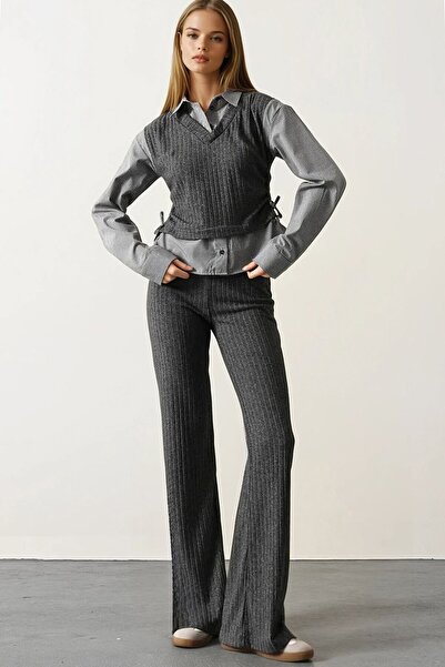 VAGGON Women's Anthracite Shirt Detailed Gathered Blouse and Elastic Waist Trousers Knitwear Set Vs01701