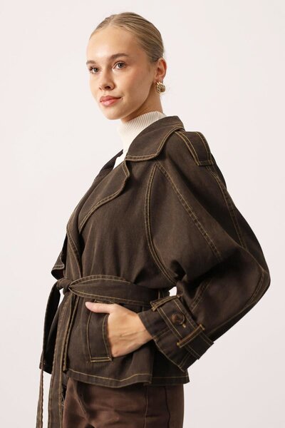 VAGGON Lined Washed Denim Jacket with Belt Ties