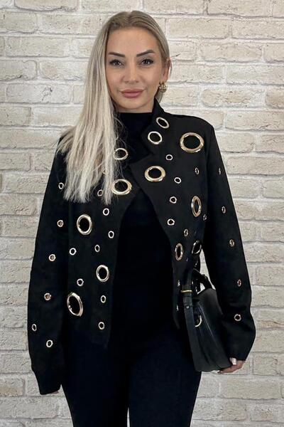 Muna Boutique İthal Metal Aksesuarlı Günlük Siyah Kadın Ceket