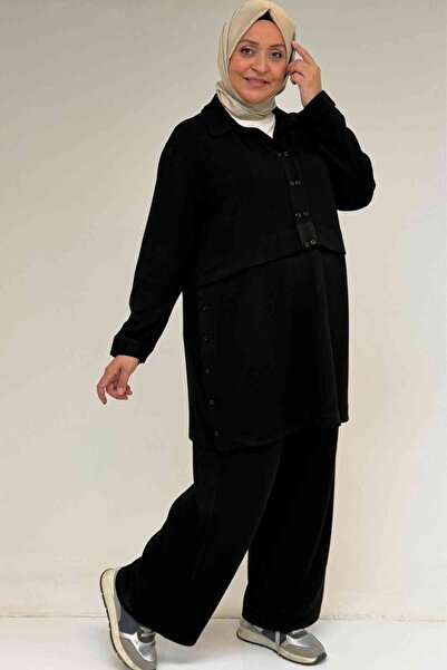 Eslina 57038 Plus Size Men's Collar Button Detailed Modal Pants Suit - Black