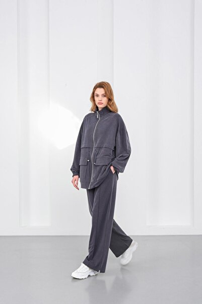 Basicpark Gray Women's Waist Elastic Detailed Pocketed Zipper Closure Oversized Modal Bottom Top Set