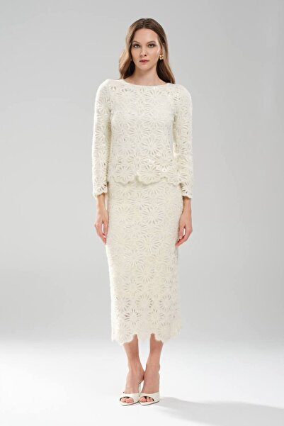 tw3 Set de tricotaje din două piese pentru femei, fustă și bluză, căptușită î...