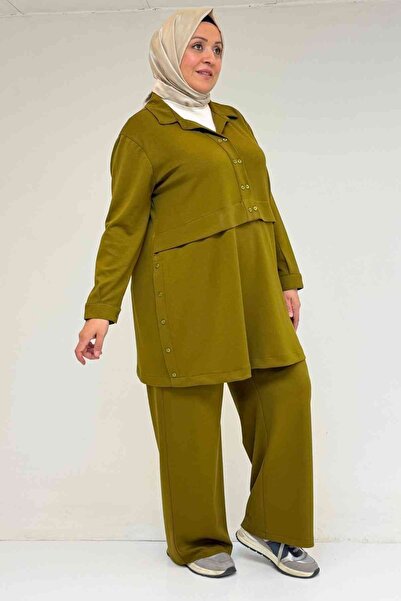 Eslina 57038 Plus Size Men's Collar Button Detailed Modal Pants Suit - Oil Green
