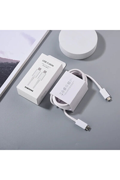 Samsung كابل USB أبيض 100 سم مع صندوق 5 أمبير PD 45 واط من النوع C إلى النوع C كابل شحن فائق السرعة S24 S23 S22 Ul
