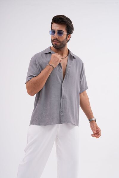 LİMABEL قميص صيفي رجالي من الكتان ذو نسيج قصة فضفاضة بأكمام قصيرة باللون الرمادي
