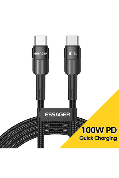 essager كابل شحن سريع USB-C إلى USB-C بطول 2 متر وقوة 100 واط، أسود اللون.