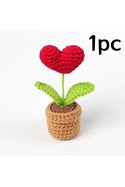 Choice 1pc 1/2/3/5Pcs Handmade Knitted Flower Pot Red Heart Shaped Knit Imita...