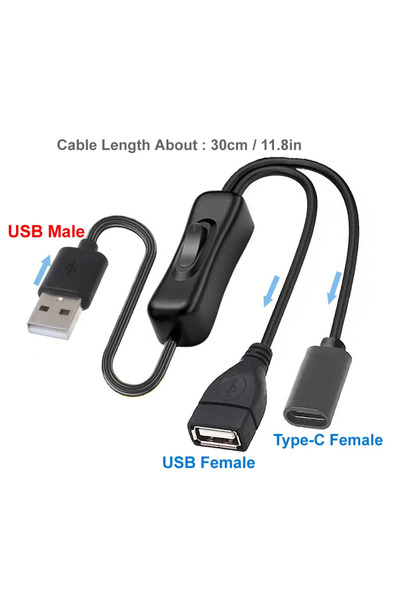 Choice كابل تمديد من النوع C بطول 30 سم من A إلى 1A 1C -F مع مفتاح تشغيل/إيقا...