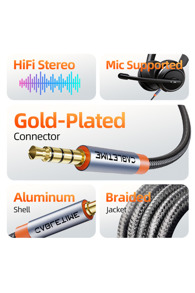 Choice كابل صوت 5 متر CABLETIME مقاس 3.5 مم من الذكور إلى الذكور كابل رباعي الأقطاب TRRS كابل مساعد رباعي الموصلات للهاتف