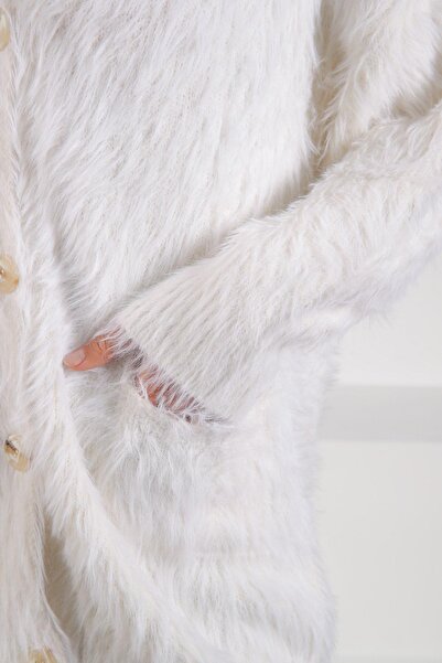 Ferraro Ecru Buttoned Cashmere and Wool Blend Oversized Women's Knitwear Cardigan