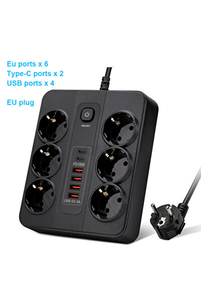 Choice قابس الاتحاد الأوروبي الأسود، قابس الاتحاد الأوروبي، 6 منافذ تيار متردد، مقبس متعدد المنافذ، شريط طاقة كهربائي مع منفذ USB من النوع C بطول 2 متر