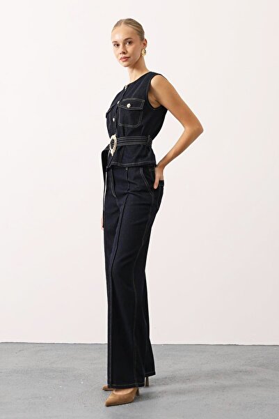 VAGGON Джинсовий комплект з джинсовою блузою на поясі та джинсовими штанами з застібками