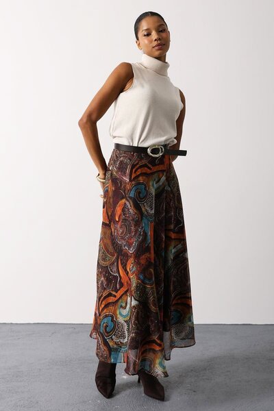 VAGGON Women's Multi Ethnic Patterned Zipper Closure Belted Skirt Vs01697