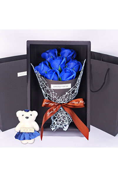Choice باقة ورد اصطناعية زرقاء مكونة من 7 رؤوس، صندوق هدايا على شكل دب صغير، ...
