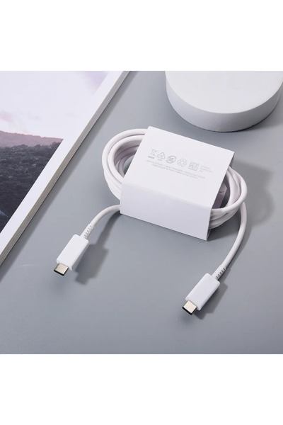 Samsung كابل USB أبيض 100 سم بدون علبة 5 أمبير PD 45 واط من النوع C إلى النوع C كابل شحن فائق السرعة S24 S23 S22 Ultra