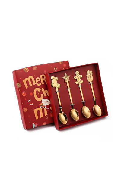 Choice Gift Box A-gold 4Pcs Christmas Dessert Spoon Set with Gift Box Stainless Steel Gingerbread Man Carto