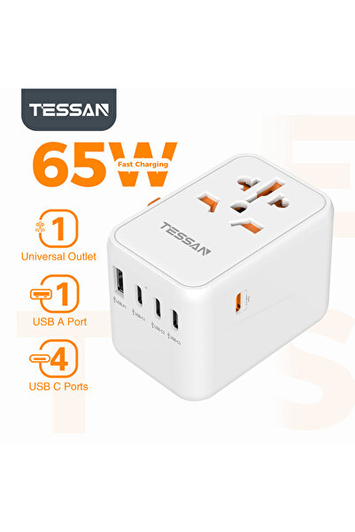 Choice محول سفر عالمي أبيض اللون من تيسان، بقوة 65 واط، مزود بمنفذ USB من الن...