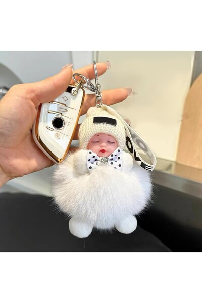 choice2 One Size White Pompom Sleeping Baby Keychain Cute Fluffy Plush Doll K...