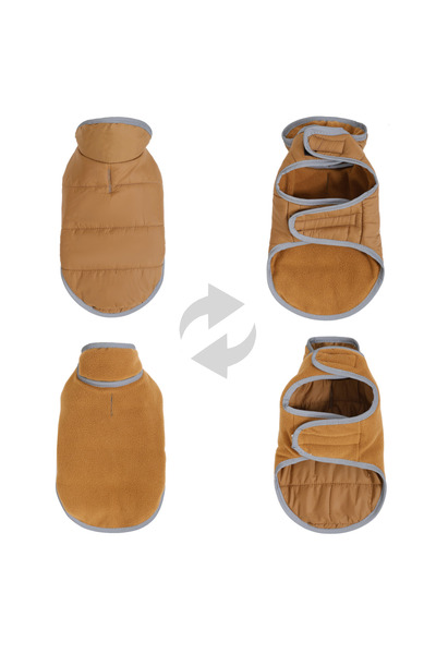 Choice ملابس شتوية دافئة من الصوف البني للحيوانات الأليفة، سترة قطط قابلة للعكس مع فتحة مقود عاكسة مقاومة للماء