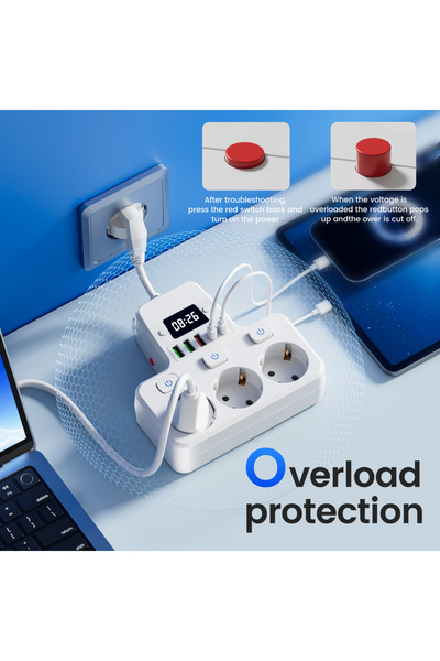 Choice مقبس طاقة أبيض 9 في 1 بـ 3 مفاتيح مستقلة بمقبس الاتحاد الأوروبي القياسي ومقبس حائط 3 منافذ USB و2 من النوع C