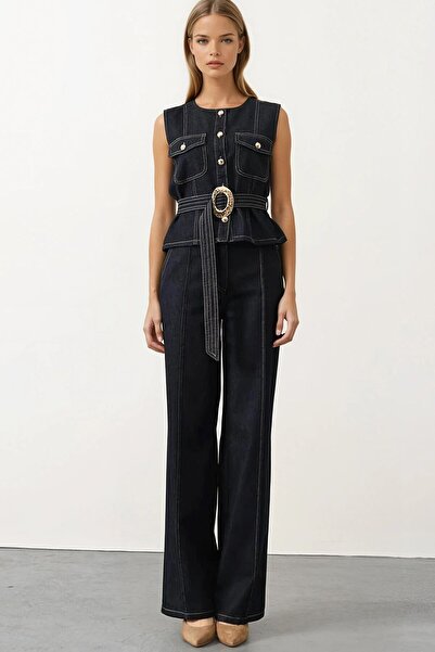 VAGGON Джинсовий комплект з джинсовою блузою на поясі та джинсовими штанами з застібками