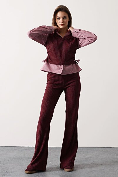 VAGGON Women's Plum Shirt Detailed Gathered Blouse and Elastic Waist Trousers Knitwear Set Vs01701