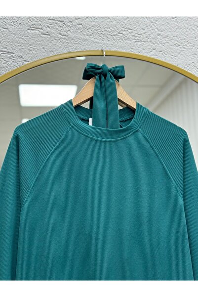 MİHRA STORE Alecia Reglan Sleeve Logo Thessaloniki Dress-Na2368 Petrol Green