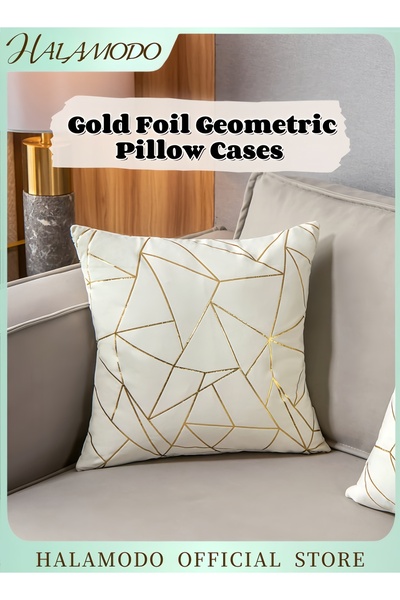HALAMODO غطاء وسادة من القماش الناعم المبطن بخطوط مطبوع ، أبيض/ذهبي، 45 × 45 سم