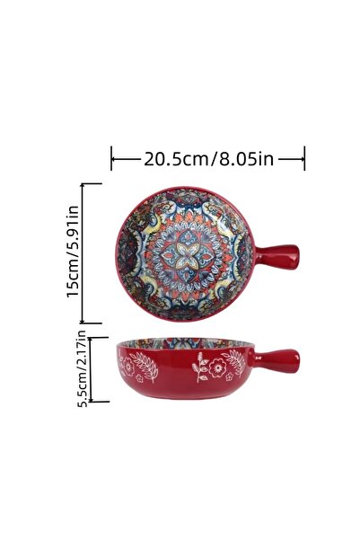 Choice 5.8 inch 8.05in KW red Hand-painted relief pattern salad bowl with handle, pasta bowl, kitchen bakin