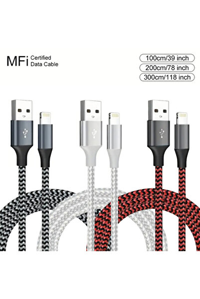 Choice كابل USB إلى Lightning معتمد من MFi بطول 2 متر، 3 قطع رمادي وأبيض وأحم...