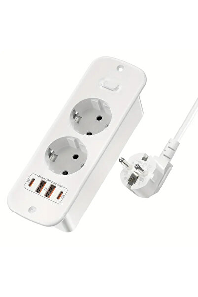 Choice 2 تيار متردد 2 متر قابس الاتحاد الأوروبي الأبيض سلك تمديد 2 متر شريط طاقة 2 تيار متردد 4000 واط 2 منفذ USB-A 2 منفذ USB-C، قابس قياسي أوروبي