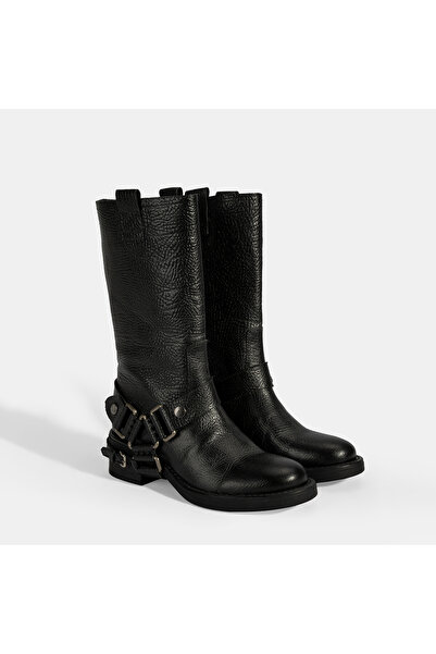 Desa Women's Black Leather Biker Boots with Metal Accessories