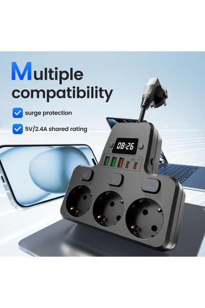 Choice شريط طاقة 10 في 1 بمقبس أوروبي أسود - 4 منافذ تيار متردد، 3 منافذ USB و2 منفذ من النوع C، حماية من الحمل الزائد، متعدد الاستخدامات