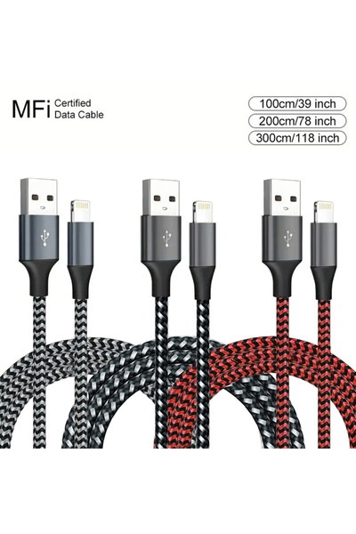 Choice كابل USB إلى Lightning معتمد من MFi بطول 2 متر، 3 قطع رمادي وأسود وأحم...