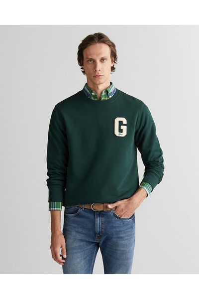 Gant Erkek Yeşil Regular Fit Bisiklet Yaka Logolu Sweatshirt