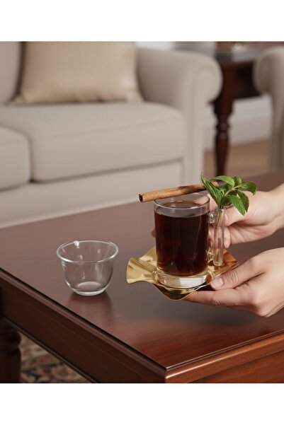 DECOSTYLE 18 Piece Modern Glass Tea Set with Plain Steel Plate |   Premium Hospitality Luxury Presentation Set