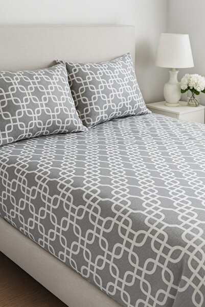GOOD MORNİNG PAMUKKALE Gray Chain Pattern Oversized Elastic Sheet Set (180X200) + 2 Pillowcases