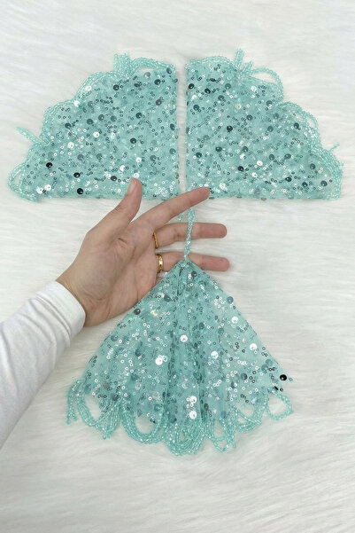 ZEYMERADE Su Yeşili Gelin Damat Mendili Pul Payet İnci Kristal Taş Detaylı Dü...