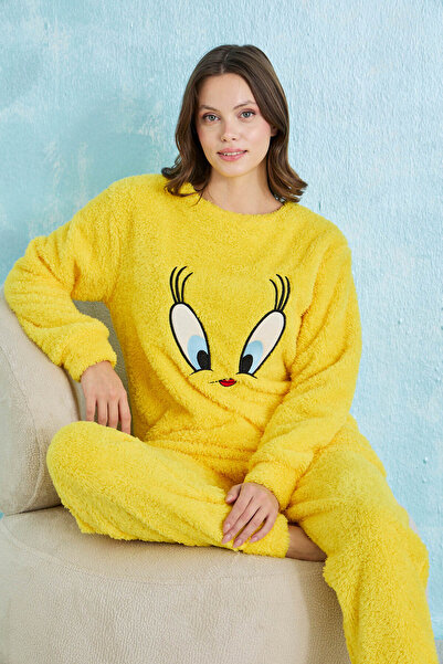 STELLAPİNK Sarı Civciv Nakışlı Polar Kışlık Örme Pijama Takımı