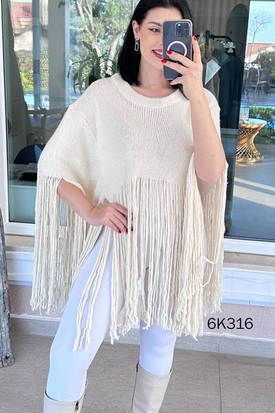 İnce Topuk Crew Neck Tasseled Knitwear Poncho 6K316