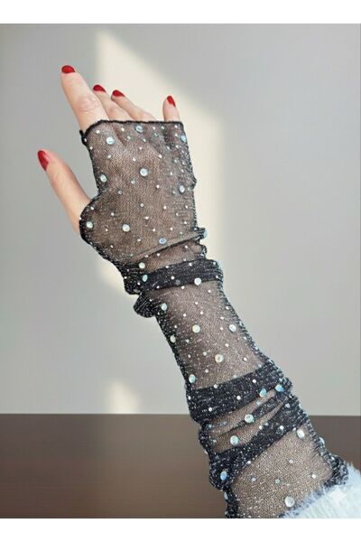 Axesoire E0009 Taşlı Siyah Uzun Eldiven 46x7 cm