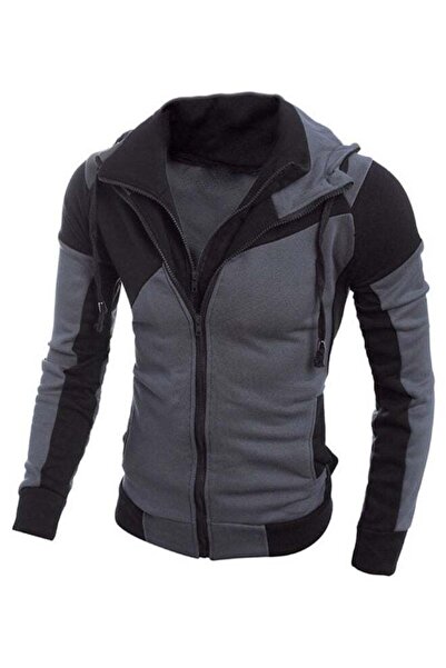 Joychic Colourblock Double Zipper Slim Hooded Sweatshirt Black/Grey