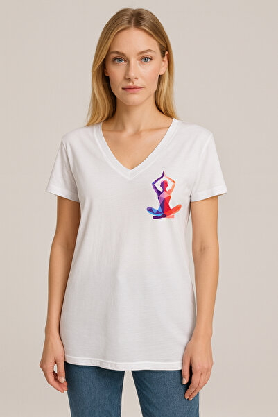 TWINTICKS White Yoga Printed V-Neck Women's T-Shirt – White Cotton Relaxed Fit
